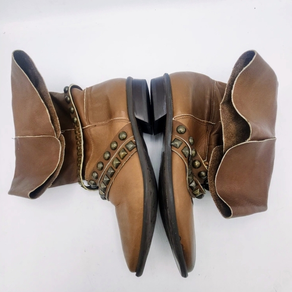 Matisse Brown Cognac Fold Foldable Slip-On Studs Strap Mid-Calf Boot Size 7.5 M - Picture 7 of 16